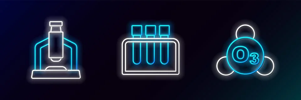 Set line Ozone, Microscope and Test tube icon. Glowing neon. Vector Stockillustratie