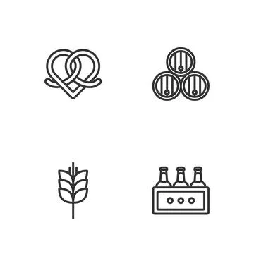 Set line Pack of beer bottles, Wheat, Pretzel and Wooden barrel icon. Vector Stock Illustration