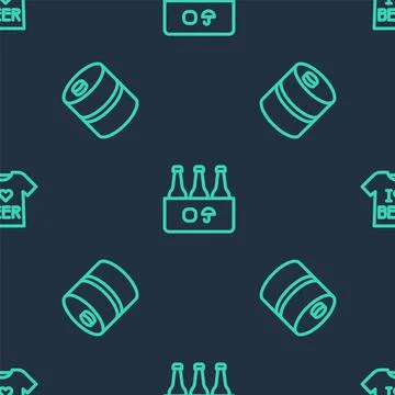 Set line Pack of beer bottles, Metal keg and Beer T-shirt on seamless pattern Stock Illustration