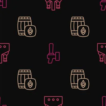 Set line Pack of beer bottles, Wooden barrel and Beer tap on seamless pattern Stock Illustration