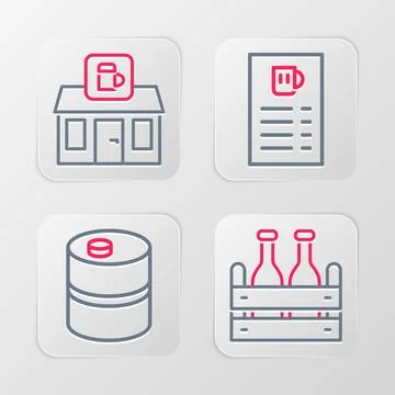 Set line Pack of beer bottles, Metal keg, Beer menu and Store building shop icon Ilustración de archivo