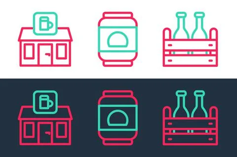 Set line Pack of beer bottles, Store building shop and Beer can icon. Vector Ilustración de archivo