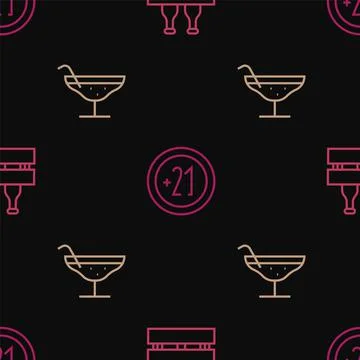 Set line Pack of beer bottles, Cocktail and Alcohol 21 plus on seamless pattern 스톡 일러스트
