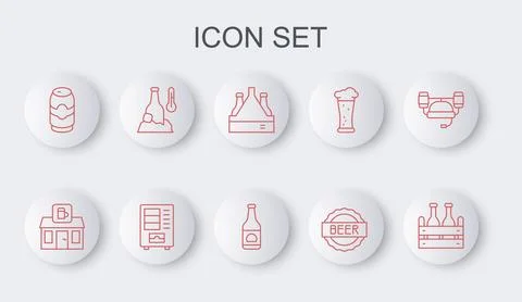 Set line Pack of beer bottles, Store building shop, Bottle cap with, Beer can Ilustración de archivo