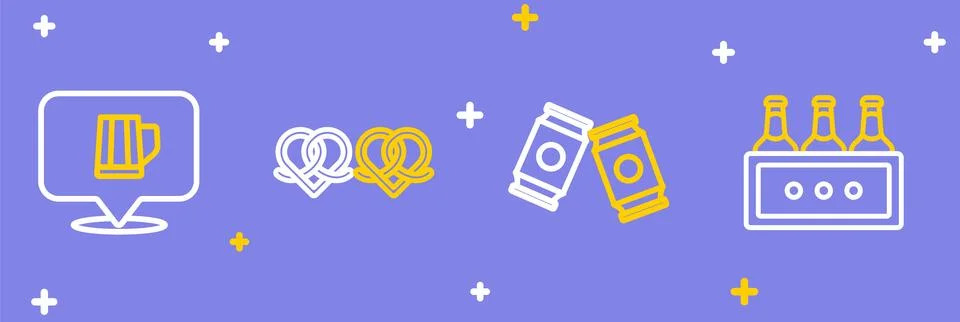 Set line Pack of beer bottles, Beer can, Pretzel and Wooden mug icon. Vector Stock Illustration