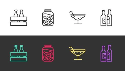 Set line Pack of beer bottles, Pickled cucumbers in jar, Cocktail and Bottl.. Stock Illustration