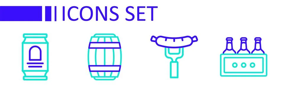 Set line Pack of beer bottles, Sausage on the fork, Wooden barrel and Beer .. Stock Illustration