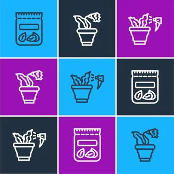 Set line Pack full of seeds of plant, Spraying and Flower pot icon. Vector Stock Illustration
