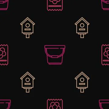 Set line Pack full of seeds of plant, Bird house and Bucket on seamless pattern Illustrazione stock