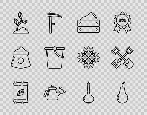Set line A pack full of seeds of a specific plant, Pear, Wooden box with harvest Illustration
