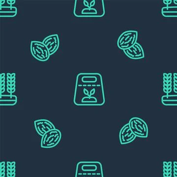 Set line Pack full of seeds of plant, Seed and Wheat on seamless pattern. Vector Stock Illustration