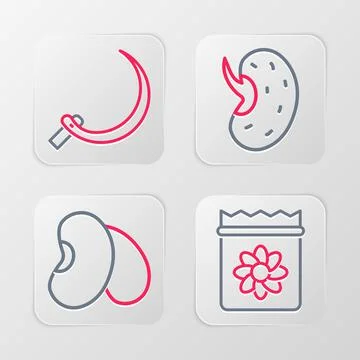 Set line Pack full of seeds of plant, Beans, Seed and Sickle icon. Vector Illustrazione stock