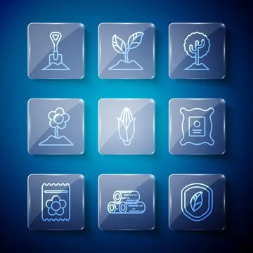 Set line Pack full of seeds of plant, Wooden logs, Shield with leaf, Tree, Corn Stock Illustration