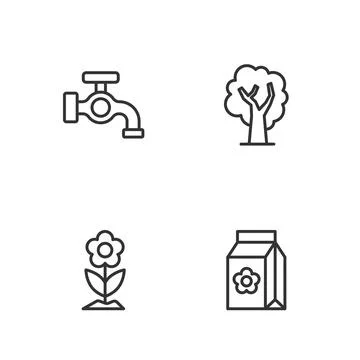 Set line Pack full of seeds, Flower, Water tap and Tree icon. Vector Illustration