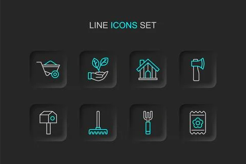 Set line Pack full of seeds Garden pitchfork rake Bird house Wooden axe Farm  Stock Illustration