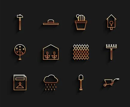Set line A pack full of seeds of a specific plant, Cloud with rain, Hammer,.. Stock Illustration
