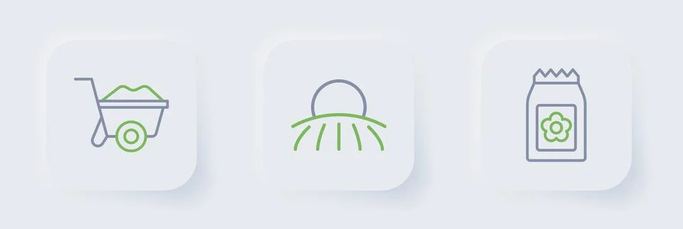 Set line Pack full of seeds, Sunrise and Wheelbarrow icon. Vector Stock Illustration