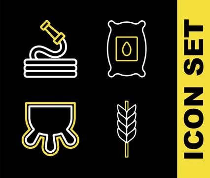 Set line Pack full of seeds of plant, Wheat, Udder and Garden hose icon. Vect Stock Illustration