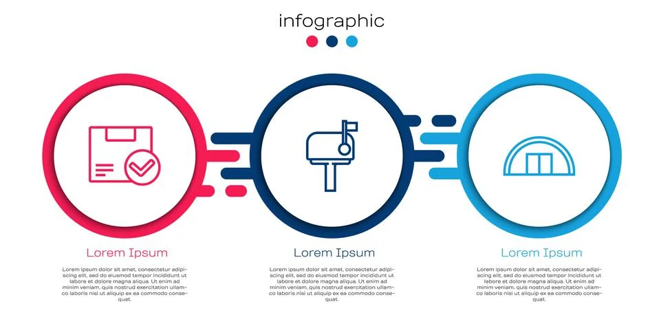 Set line Package box with check mark, Mail and Warehouse. Business infographic Illustration