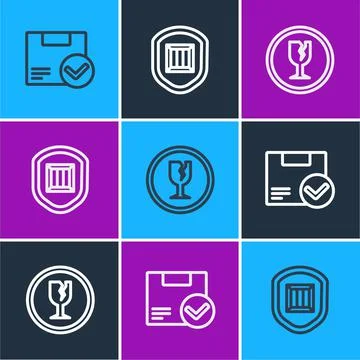 Set line Package box with check mark, Fragile broken glass and Delivery security Stock Illustration