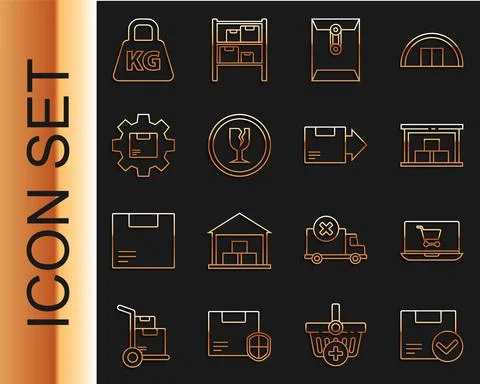Set line Package box with check mark, Shopping cart on laptop, Warehouse Stock Illustration