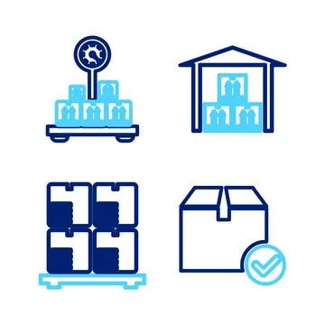 Set line Package box with check mark, Cardboard boxes on pallet, Warehouse and Stock Illustration