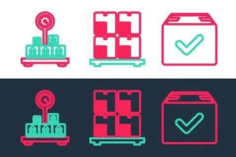 Set line Package box with check mark, Scale cardboard and Cardboard boxes on 스톡 일러스트