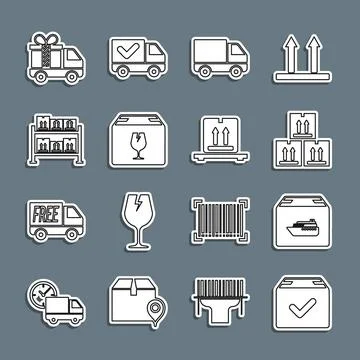 Set line Package box with check mark, Cargo ship boxes, Cardboard traffic イラスト素材