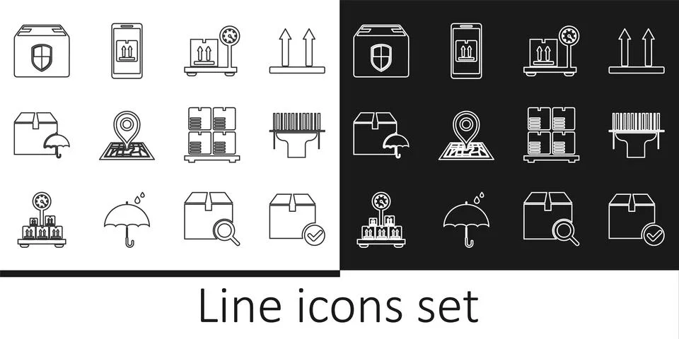 Set line Package box with check mark, Scale cardboard, Placeholder on map, De Stock Illustration