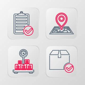 Set line Package box with check mark, Scale cardboard, Placeholder on map and Stock Illustration