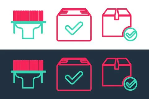 Set line Package box with check mark, Scanner scanning bar code and  icon. Ve Illustrazione stock