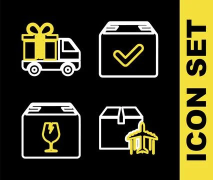 Set line Package box with check mark, Plane and cardboard, Delivery fragile Stock Illustration