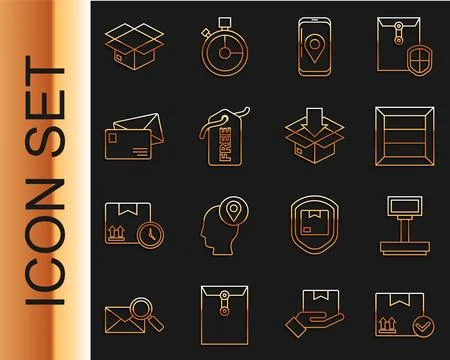 Set line Package box with check mark, Scale, Wooden, Mobile app delivery Stockillustratie
