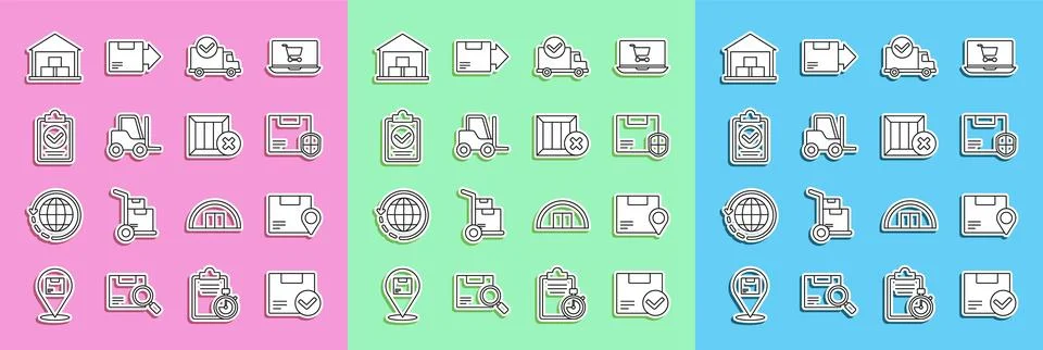 Set line Package box with check mark, Location cardboard, Delivery security Ilustración de archivo