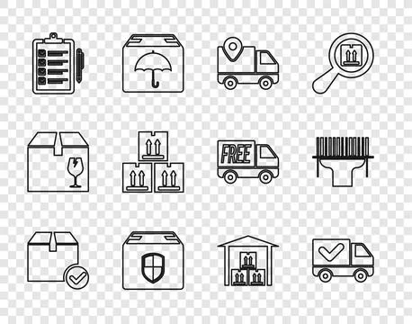 Set line Package box with check mark, Delivery truck, tracking, security sh.. Stock Illustration