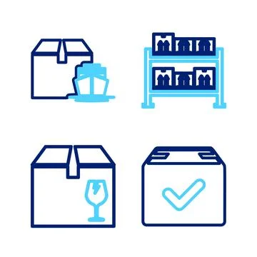 Set line Package box with check mark, Delivery fragile content, Warehouse a.. Ilustración de archivo