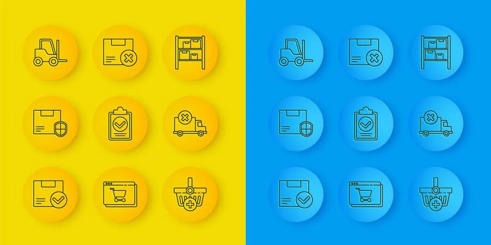 Set line Package box with check mark, Verification of delivery list clipboa.. Ilustración de archivo