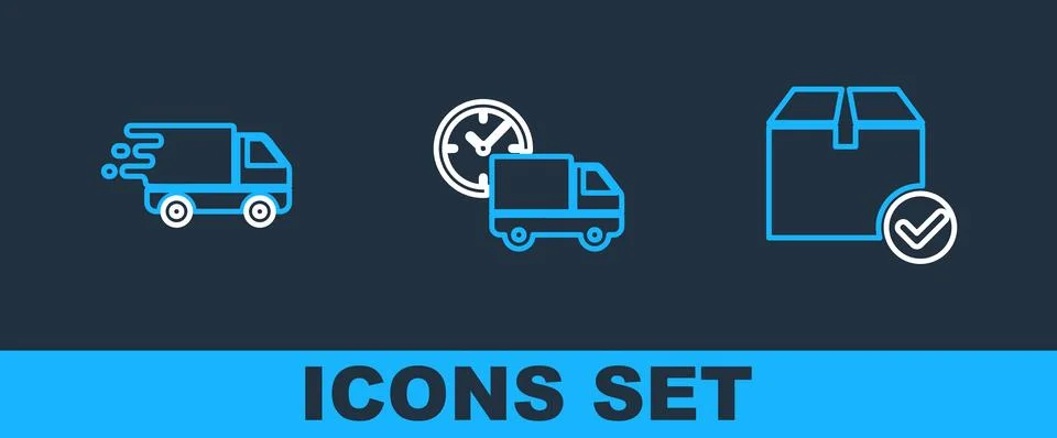 Set line Package box with check mark, Delivery truck in movement and and cl.. Stock Illustration