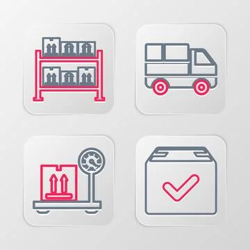 Set line Package box with check mark, Scale cardboard, Delivery truck boxes.. Stock Illustration
