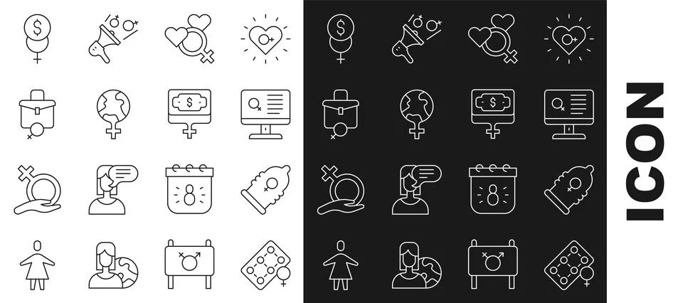 Set line Packaging of birth control pills, Condom, Dating app, Female gender Stock-Illustration