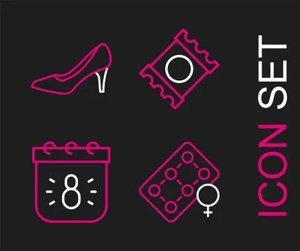 Set line Packaging of birth control pills, Calendar with 8 March, Condom package Stock-Illustration