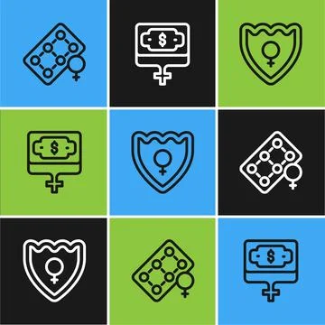 Set line Packaging of birth control pills, Gender shield, Female and Money .. Stock Illustration