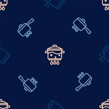 Set line Packet of pepper, Cooking pot on fire and on seamless pattern. Vector Stock Illustration