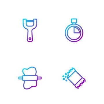 Set line Packet of pepper, Rolling pin on dough, Vegetable peeler and Stopwatch イラスト素材