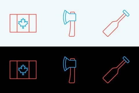 Set line Paddle, Flag of Canada and Wooden axe icon. Vector Stock Illustration