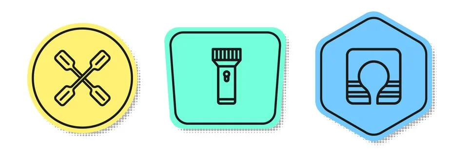Set line Paddle, Flashlight and Life jacket. Colored shapes. Vector 스톡 일러스트