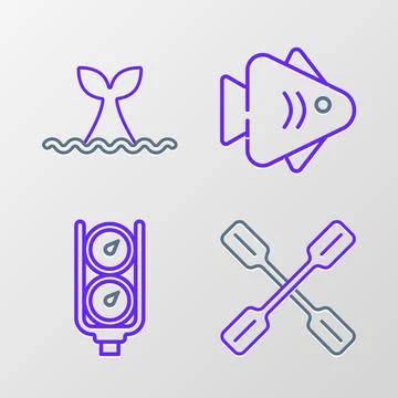 Set line Paddle, Gauge scale, Fish and Whale tail in ocean wave icon. Vector Illustrazione stock