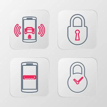 Set line Padlock with clock, Mobile and password, Lock and Smart car alarm .. Stock Illustration