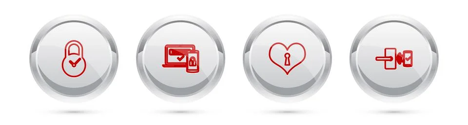 Set line Padlock with clock, Two steps authentication, Heart keyhole and Digital Stock Illustration