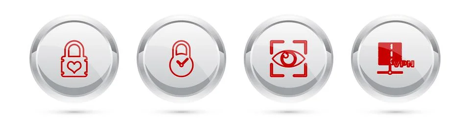 Set line Padlock with heart, clock, Eye scan and Server VPN. Silver circle Stock Illustration